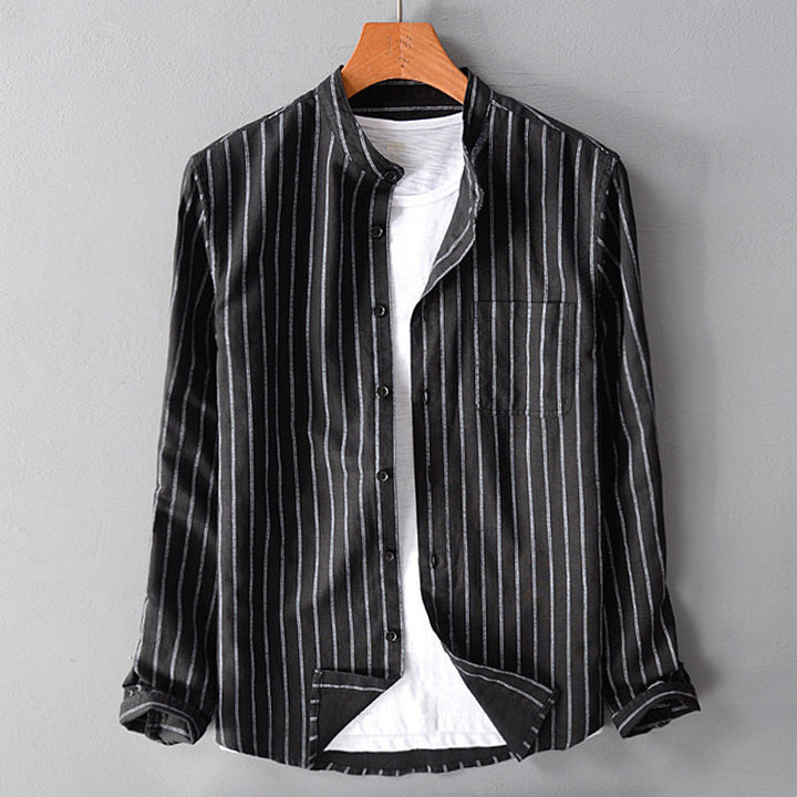 Men's casual striped stand-up collar shirt made of linen-cotton mix with chest pocket StylebySassy