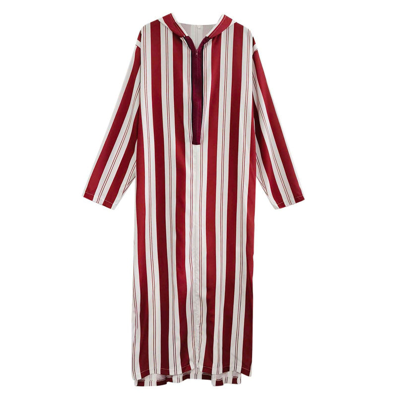 Ladies long hooded shirt dress with front zipper and vertical stripe pattern StylebySassy