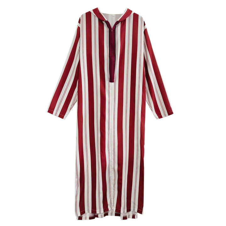 Ladies long hooded shirt dress with front zipper and vertical stripe pattern StylebySassy