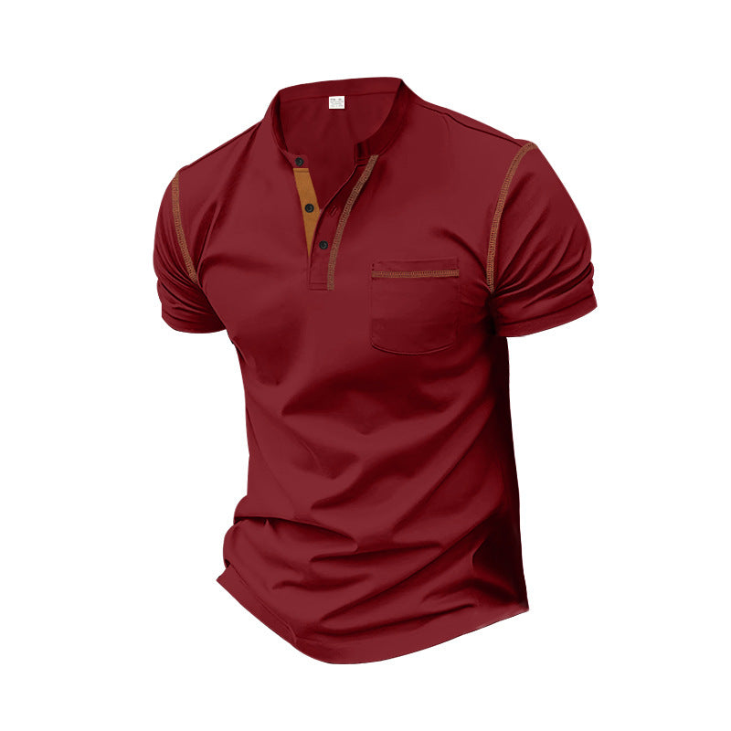 Men's short-sleeve polo in Henley style with stand-up collar, chest pocket and contrast stitching StylebySassy