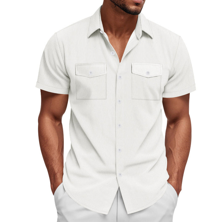 Men's casual short-sleeve shirt with lapel collar, patch flap pockets and fine pinstripe texture StylebySassy