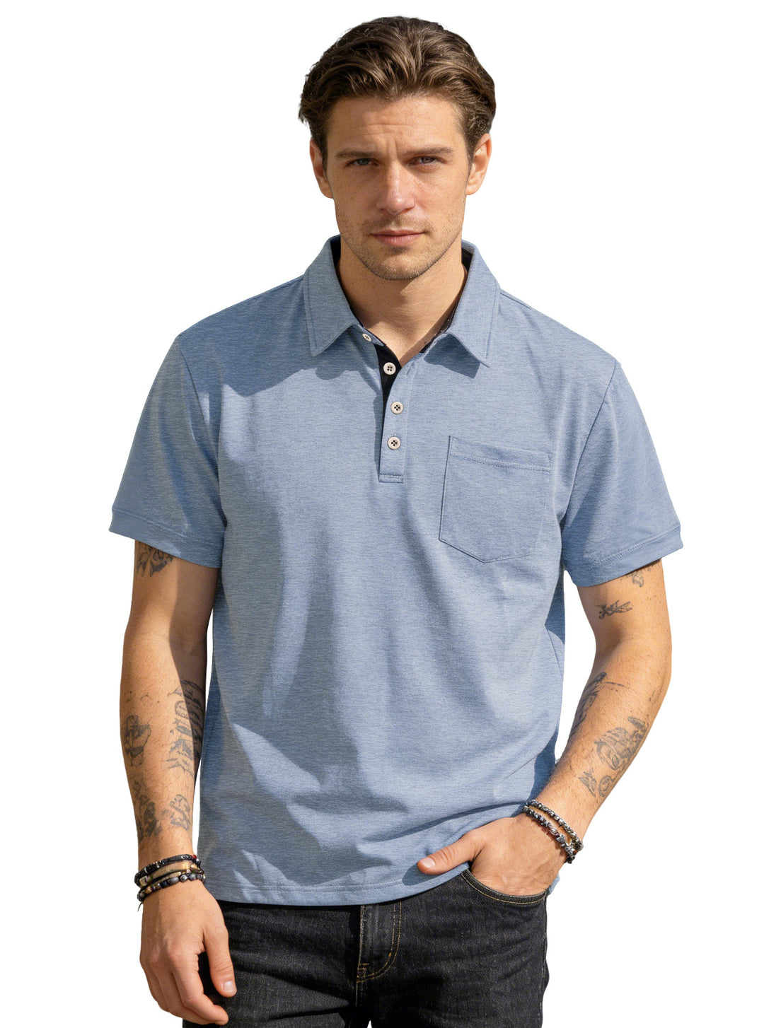 Men's short sleeve polo collar shirt made of textured jersey with chest pocket and contrasting button placket StylebySassy