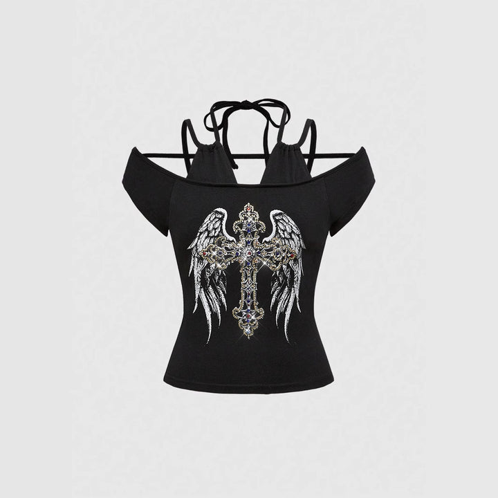 Women Off-Shoulder Top with Sparkling Cross Design StylebySassy