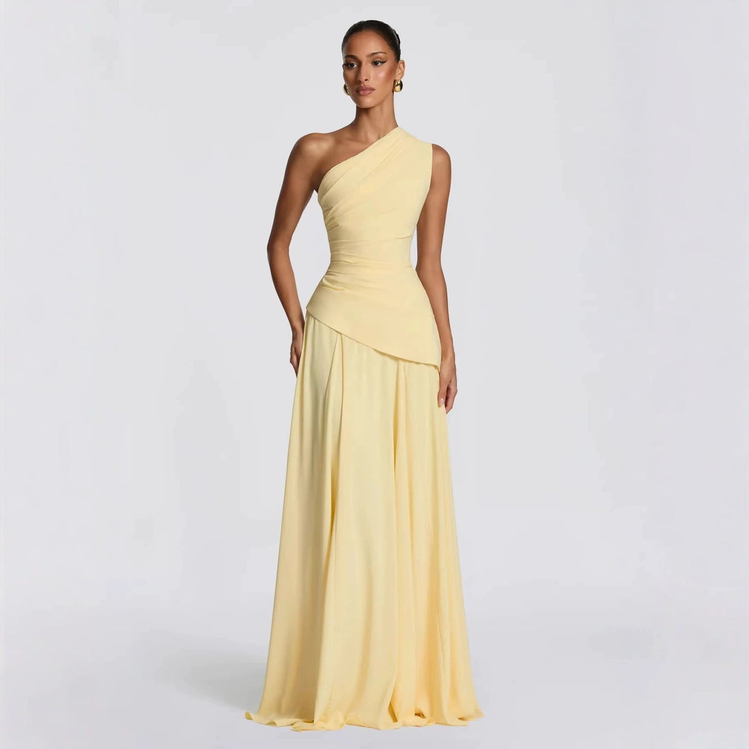 Women Elegant One-Shoulder Maxi Dress with Flowing Drapes StylebySassy