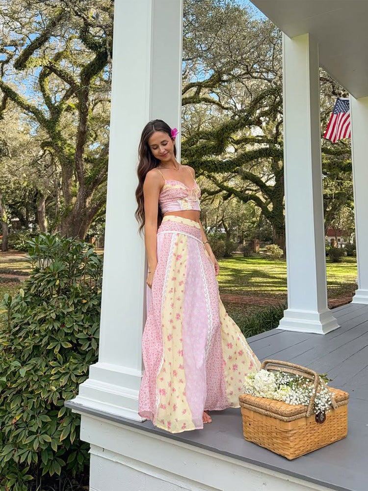 Women romantic crop top with spaghetti straps and tiered patchwork maxi skirt StylebySassy