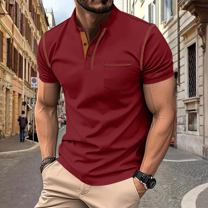 Men's short-sleeve polo in Henley style with stand-up collar, chest pocket and contrast stitching StylebySassy