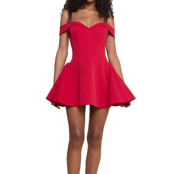 Women's short off-the-shoulder A-line dress with heart neckline, fitted bodice and side pockets StylebySassy