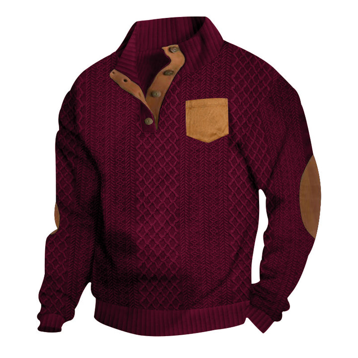 Men's cable-knit sweater with stand collar, button placket, patch breast pocket, and leather-look elbow patches StylebySassy