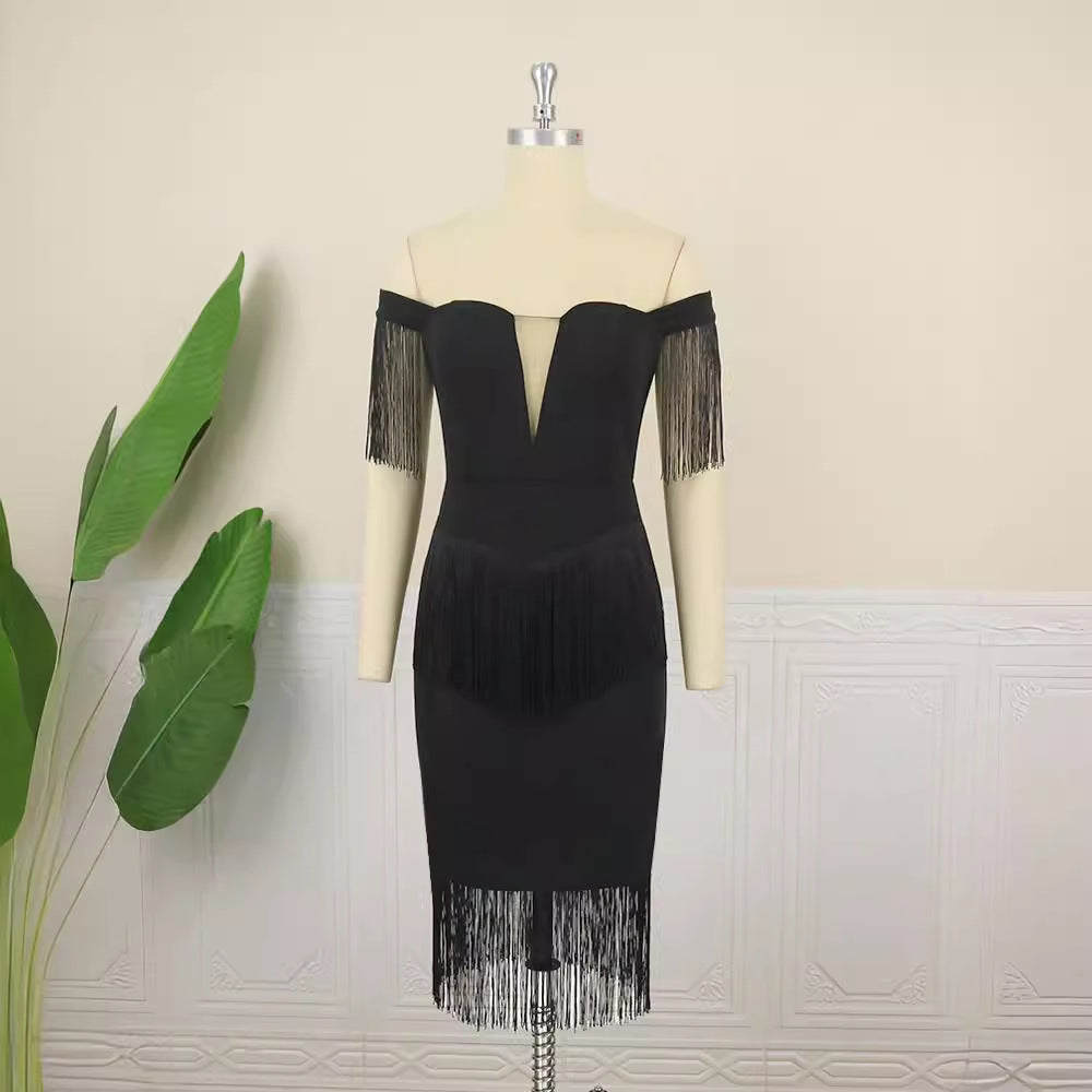 Women’s dress with fringes and deep V-neck StylebySassy