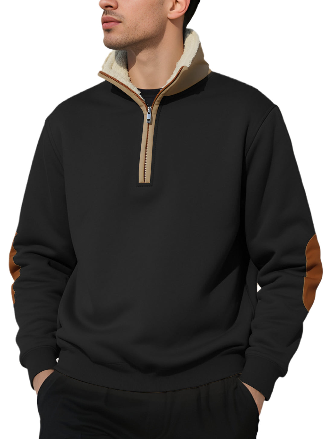 Men's nano lightweight half-zip sweatshirt with sherpa lined stand-up collar and faux leather elbow patch StylebySassy