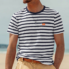 Men's casual striped cotton jersey T-shirt with round neckline and unobtrusive logo patch StylebySassy