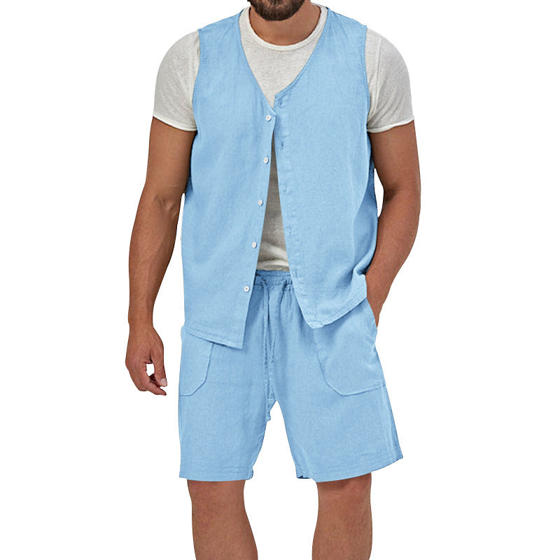Men's two-piece leisure set with sleeveless button vest and wide drawstring shorts with patch pockets StylebySassy