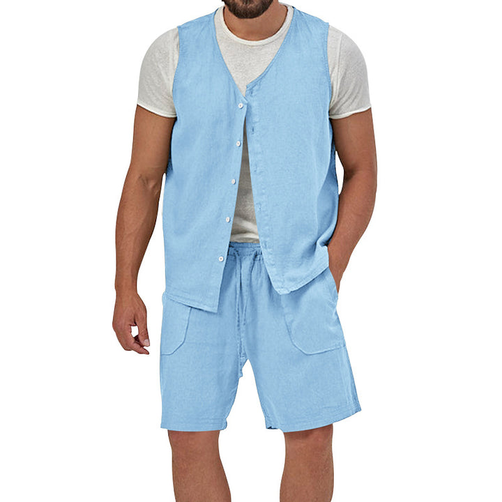 Men's two-piece leisure set with sleeveless button vest and wide drawstring shorts with patch pockets StylebySassy