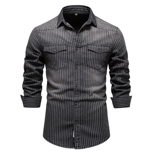 Men's tailored long-sleeve denim shirt with pinstripes and patch pockets StylebySassy