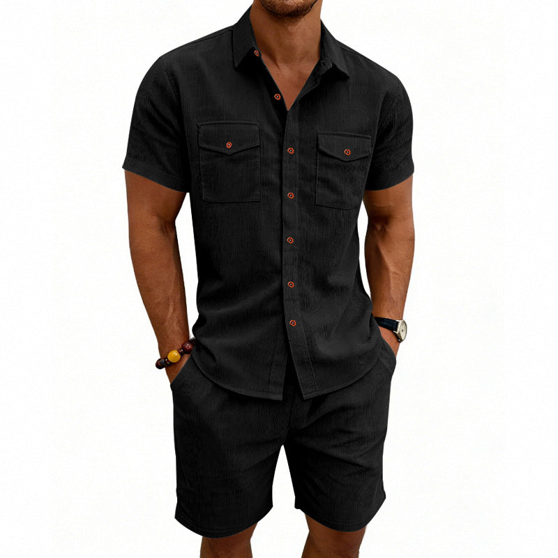 Men's structured cord leisure set with camp collar shirt and casual shorts StylebySassy