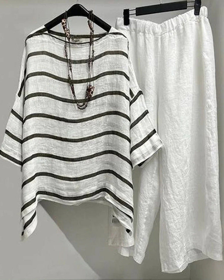 Women's casual linen set with asymmetrical striped blouse and wide elastic waistband pants StylebySassy