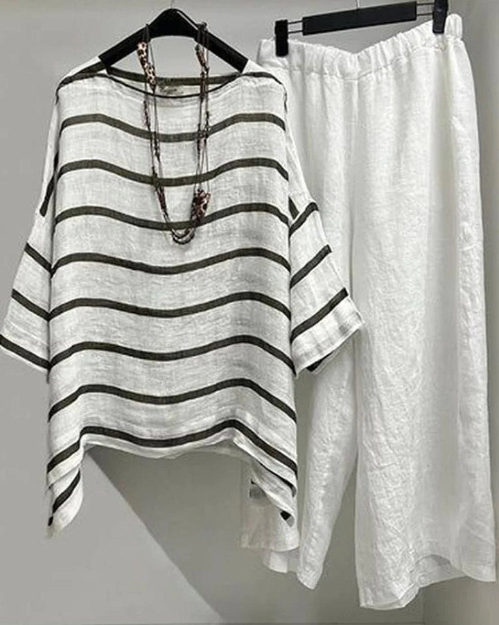 Women's casual linen set with asymmetrical striped blouse and wide elastic waistband pants StylebySassy