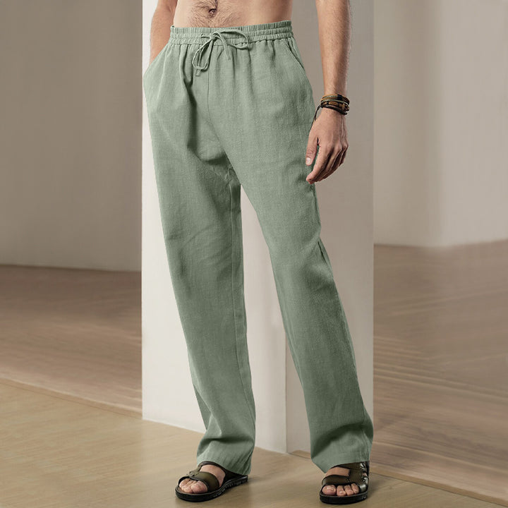 Men's comfortable linen-cotton blend relaxed pants with straight leg, elastic waistband, and concealed side pockets StylebySassy
