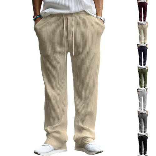 Men's straight cut corduroy velour pants with drawstring waistband, metal drawstring ends, and deep side pockets StylebySassy