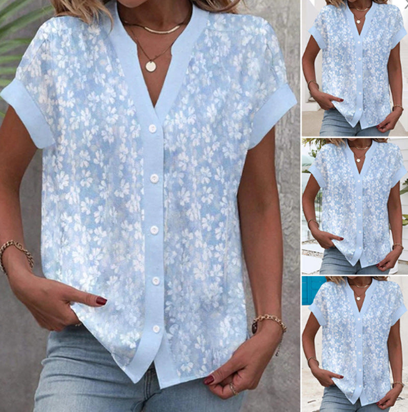 Women's airy button blouse with V-neck, rolled sleeves and floral textured print StylebySassy
