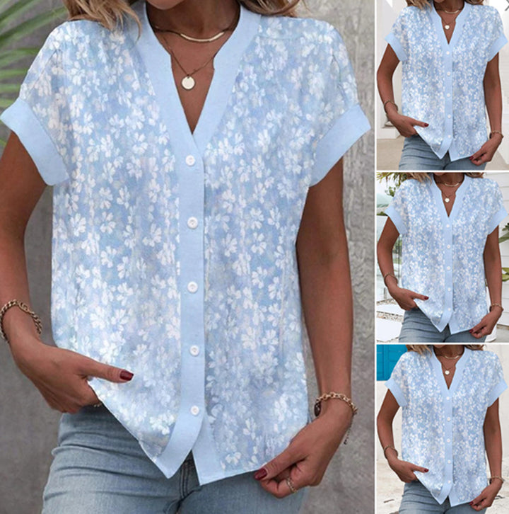 Women's airy button blouse with V-neck, rolled sleeves and floral textured print StylebySassy