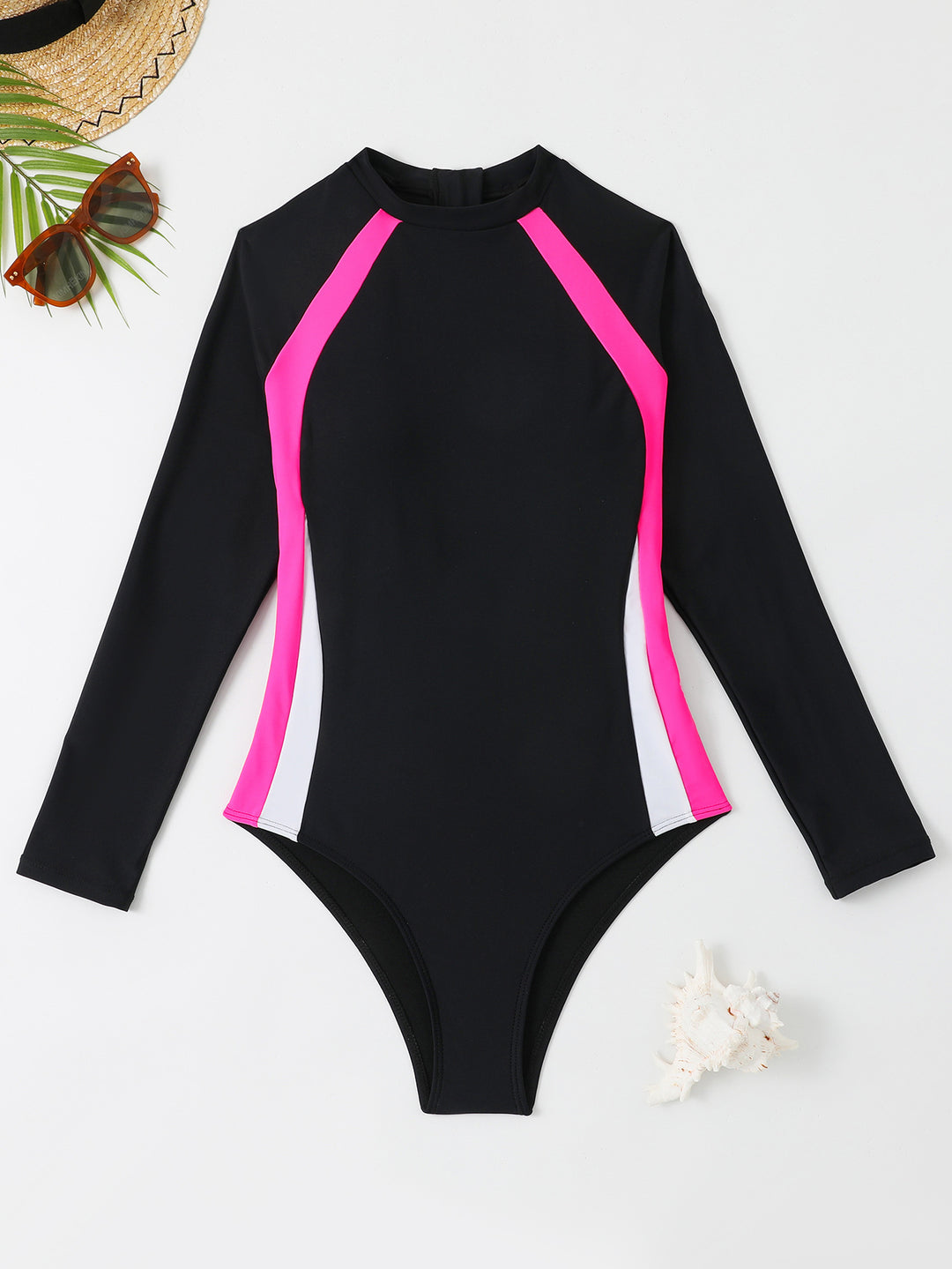 Women's Athletic Long Sleeve Swimsuit with Color Block Design StylebySassy