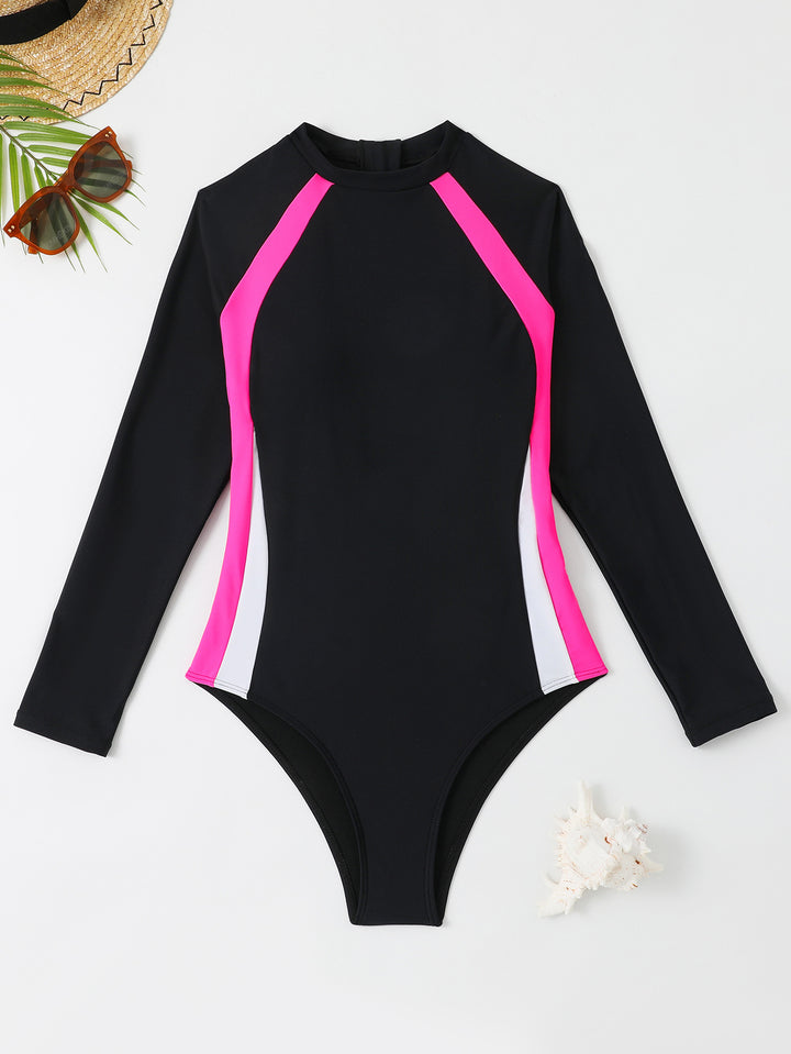 Women's Athletic Long Sleeve Swimsuit with Color Block Design StylebySassy