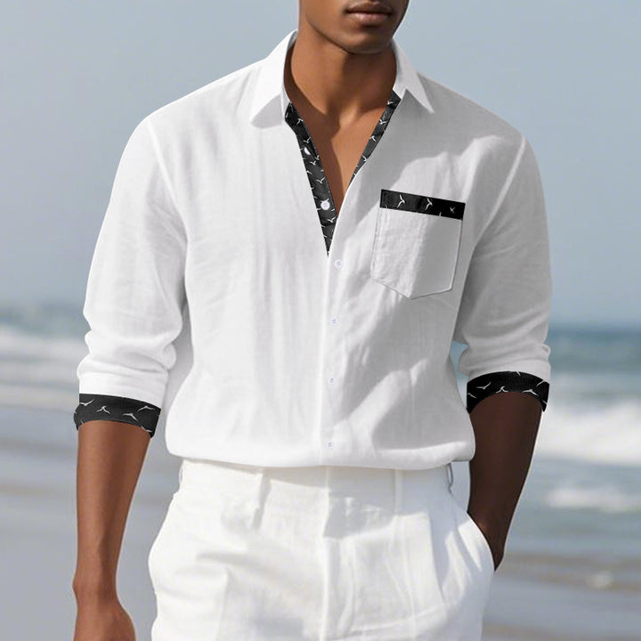 Men's casual linen blend shirt with contrasting trim on collar and cuffs as well as breast pocket StylebySassy