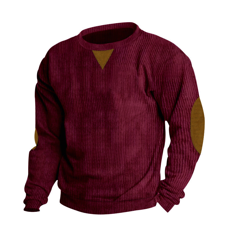 Men's ribbed knit sweater with round neckline elbow patches and decorative triangle StylebySassy