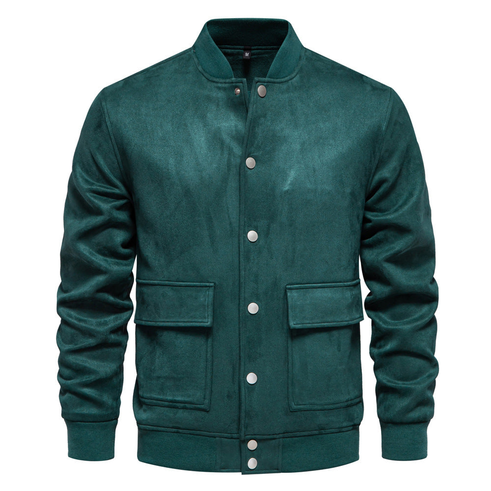 Men's suede-look college jacket with snap button closure, flap pockets and ribbed hem StylebySassy