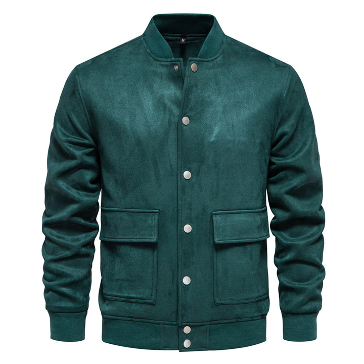 Men's suede-look college jacket with snap button closure, flap pockets and ribbed hem StylebySassy