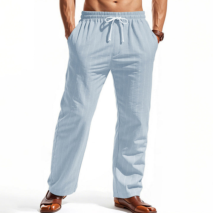 Men's Casual Pinstripe Leisure Pants with Elastic Drawstring Waist, Side Pockets, and Straight Leg StylebySassy
