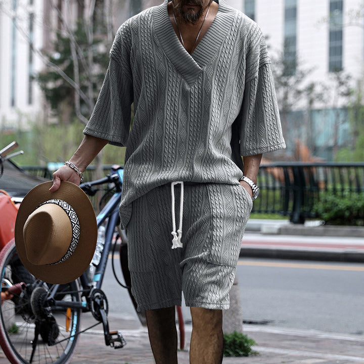Men's urban braid knit two-piece with deep V-neck, boxy fit and drawstring shorts StylebySassy