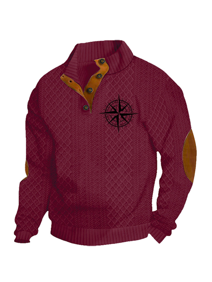 Men's nan Heritage textured pullover with stand-up collar faux leather trim elbow patches and half-button placket StylebySassy