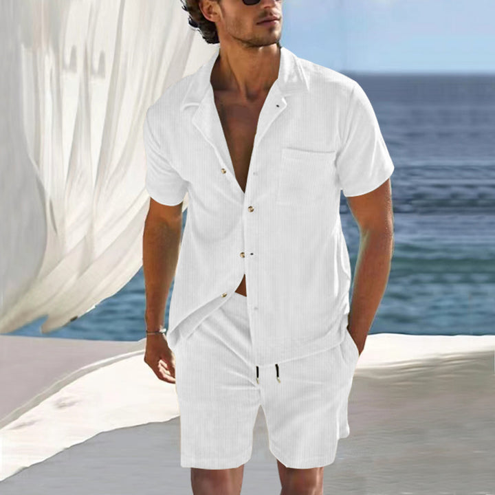 Men's Nano Lightweight Linen Resort Set with Short Sleeve Cuban Collar Shirt and Drawstring Bermuda StylebySassy