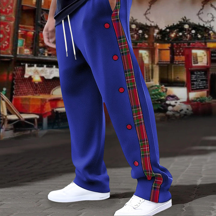 Men's casual jogging pants with checkered side piping, snap button placket, and ankle slits StylebySassy