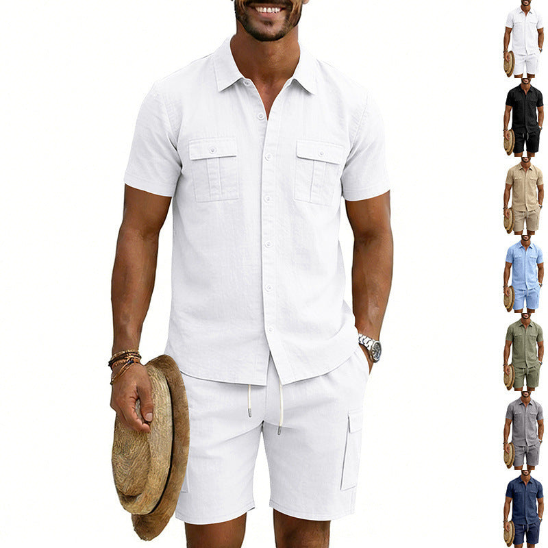 Men's summer leisure set made of cotton-linen blend with short-sleeve shirt and cargo shorts StylebySassy