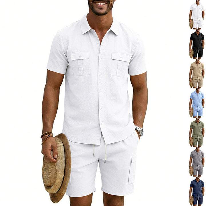 Men's summer leisure set made of cotton-linen blend with short-sleeve shirt and cargo shorts StylebySassy