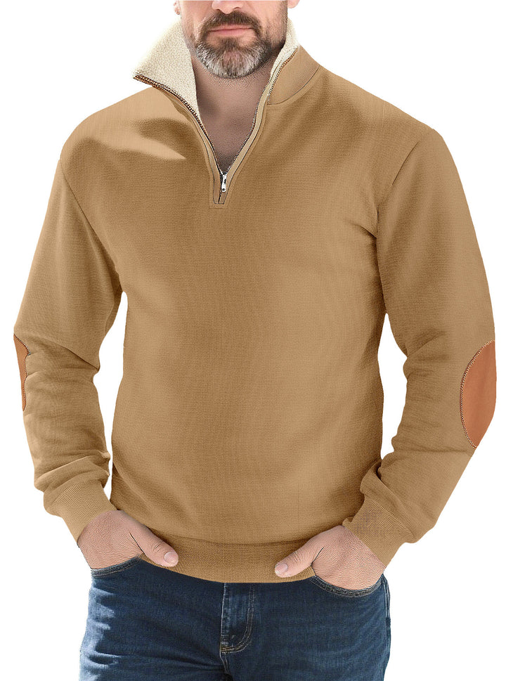 Men's structured knit half-zip pullover with warming sherpa collar and velour elbow patches StylebySassy
