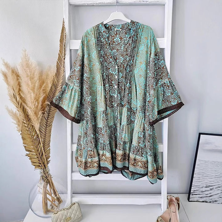 Women's airy Boho tiered dress with V-neck wide batwing sleeves and lace trim StylebySassy
