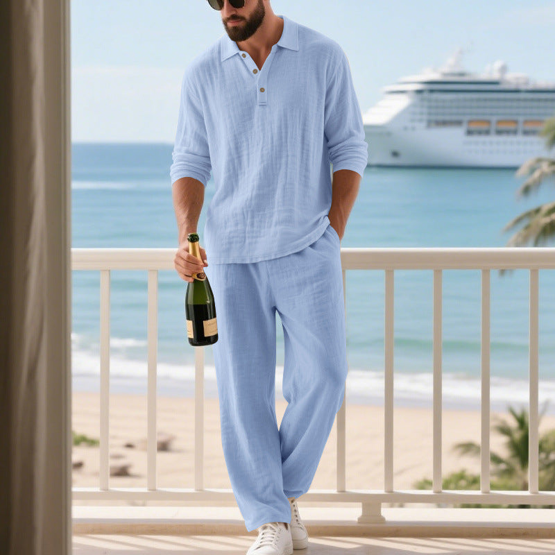 Men's relaxed cotton muslin resort set with polo collar button placket and wide comfort waistband StylebySassy