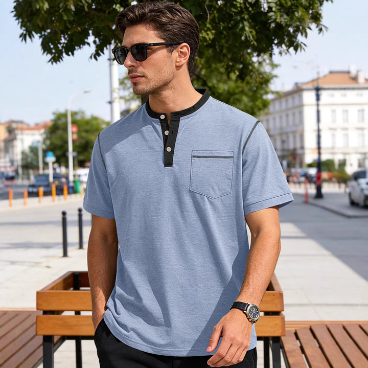 Men's short-sleeve band collar shirt with button placket, chest pocket, and flatlock seams StylebySassy