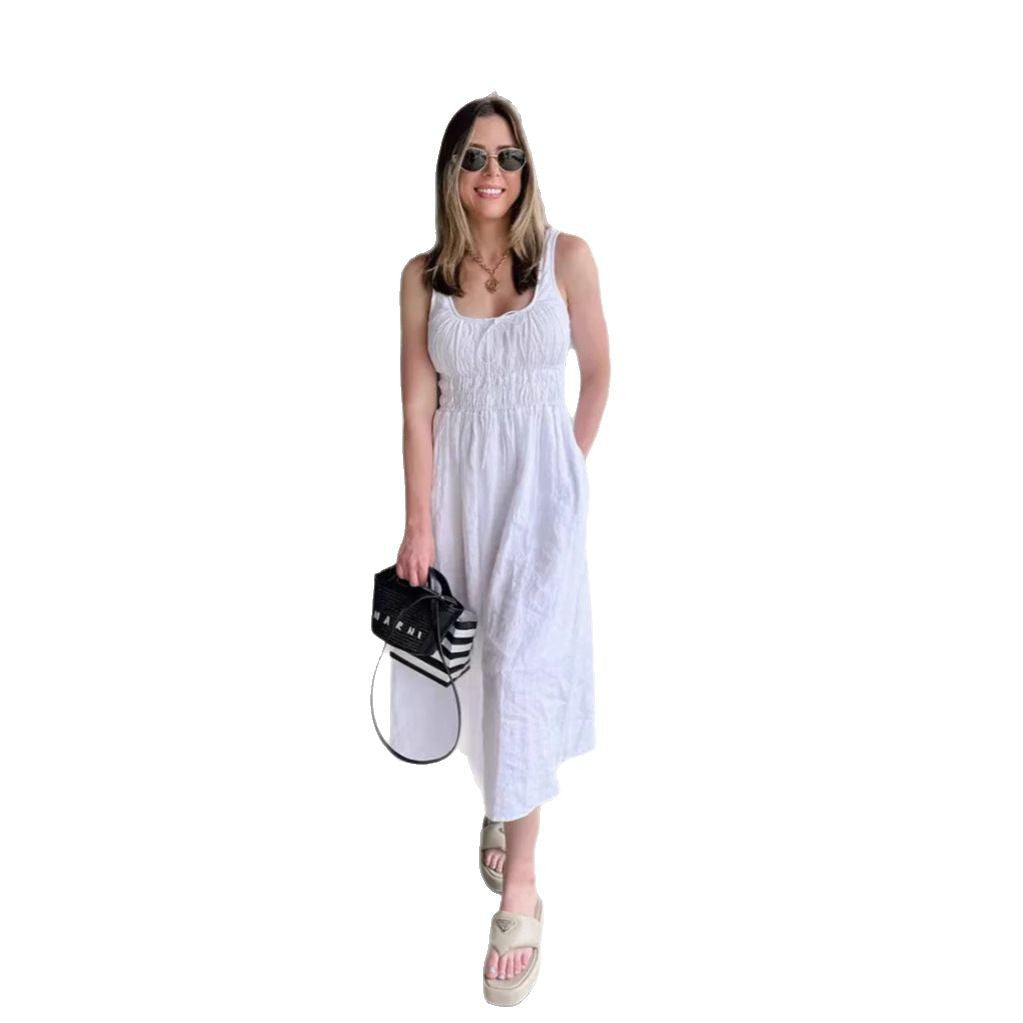 Women's knee-length linen look dress with smocked bodice, elastic waistband and wide straps StylebySassy