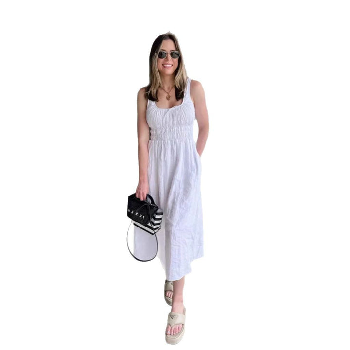 Women's knee-length linen look dress with smocked bodice, elastic waistband and wide straps StylebySassy
