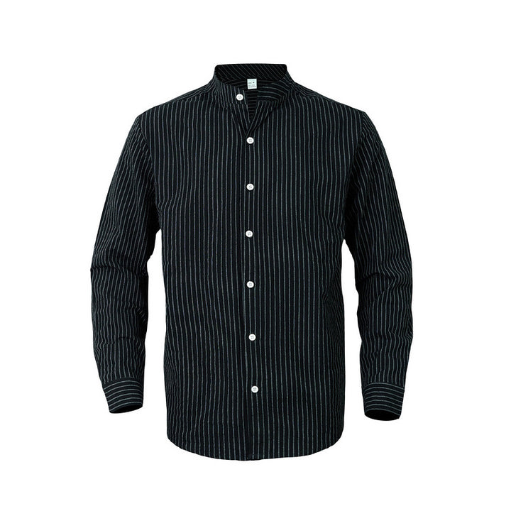 Men's striped stand-up collar shirt made of linen-cotton blend with button placket StylebySassy