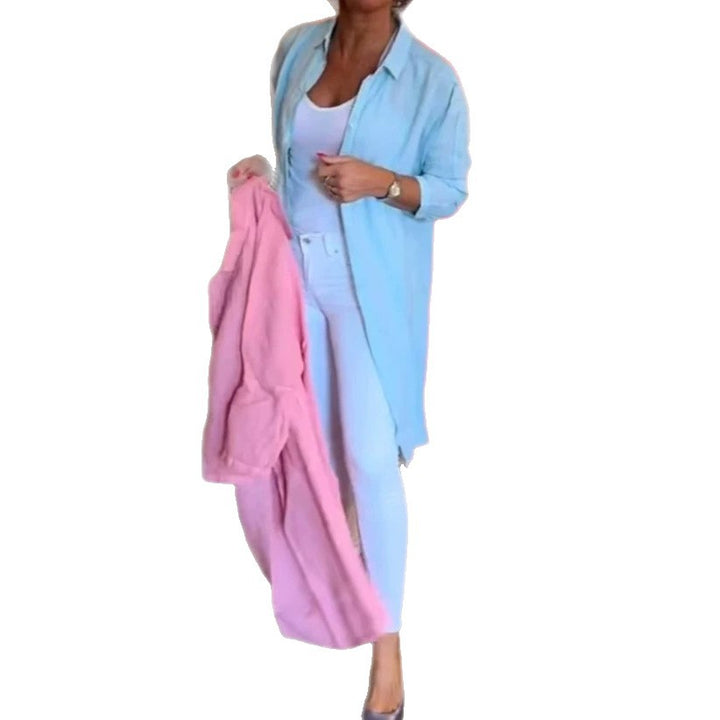 Women's open long blouse in linen mix with Kent collar, dropped shoulder and side slits StylebySassy