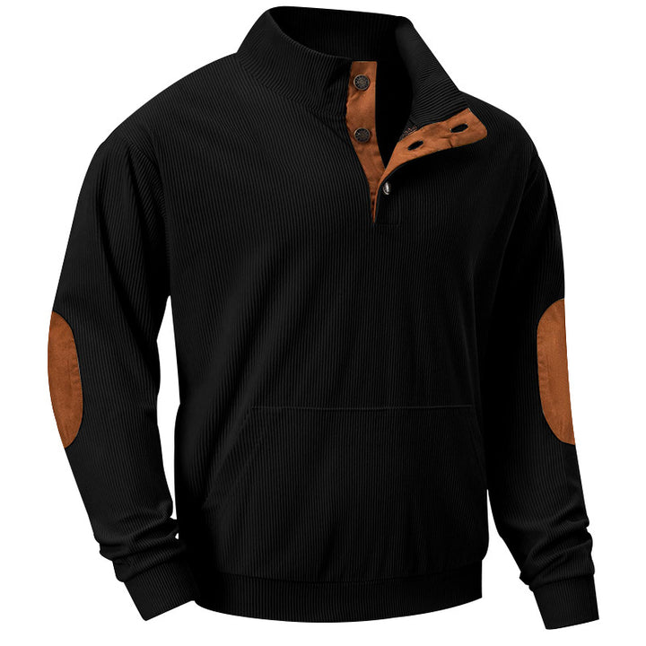 Men's fine ribbed stand-up collar sweater with button placket, kangaroo pocket, and suede elbow patches StylebySassy