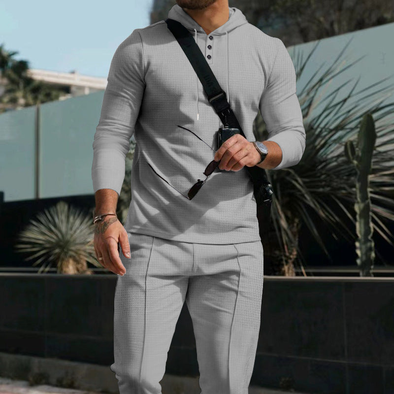 Men's slim-fitting hooded shirt with Henley button placket and tapered chinos set StylebySassy