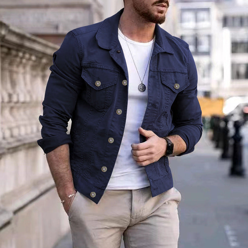 Men's tailored denim jacket in trucker style with chest pockets and metal buttons StylebySassy