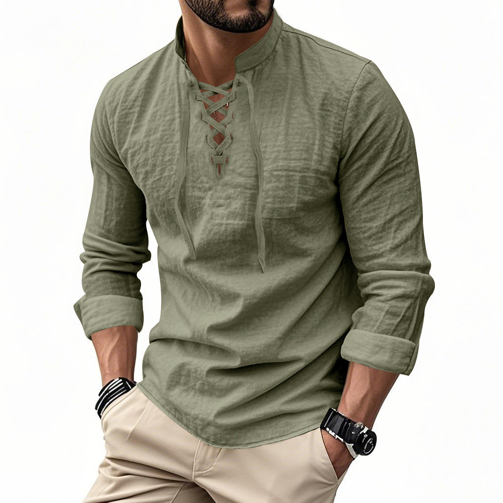 Men's casual sailor-style shirt with stand collar and lace-up front StylebySassy
